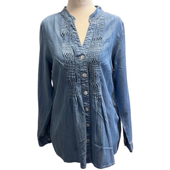 Soft Surroundings Denim Chambray Long Sleeve Pleated Tunic Blouse Top Size PSMAL - Picture 10 of 10